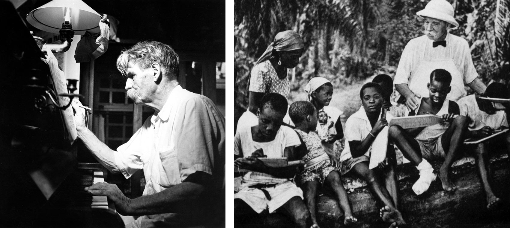 Zweigeteiltes Bild - Albert Schweitzer am Klavier - und Albert Schweitzer mit Tropenhut, umgeben von Schulkindern verschiedenen Altersin Afrika